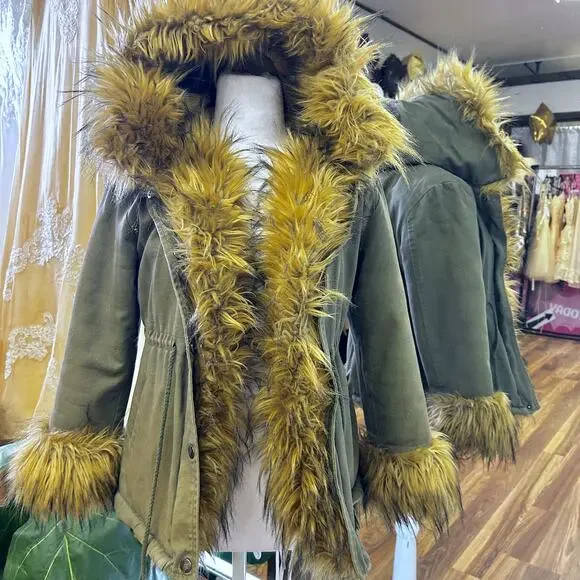 Vintage Olive Green Faux Fur Parka Coat Y2K Boho Festival Jacket Street Style - Picture 7 of 12